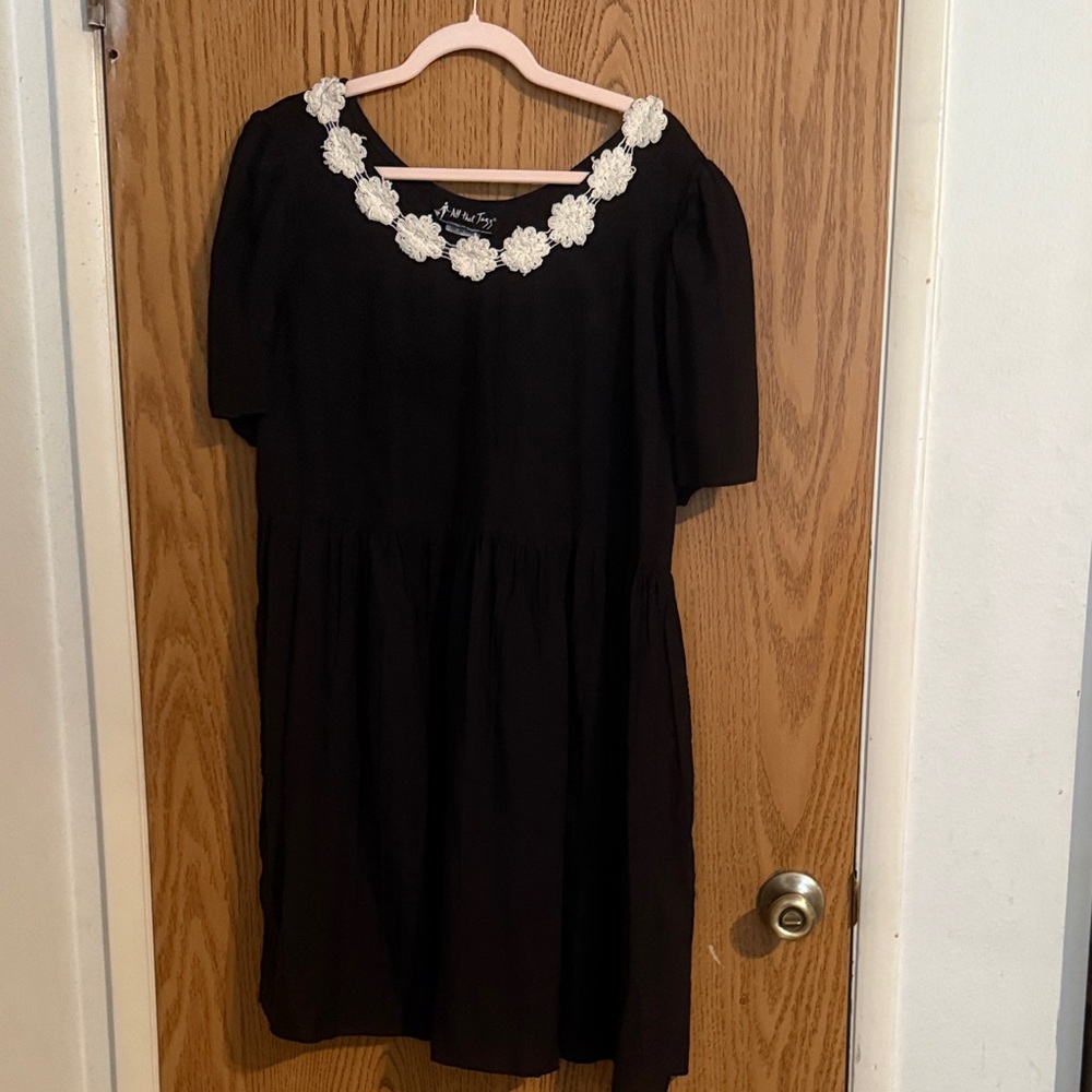 VTG 90s All That Jazz Black Mini Babydoll Dress Floral Neckline Puff Sleeve 9/10